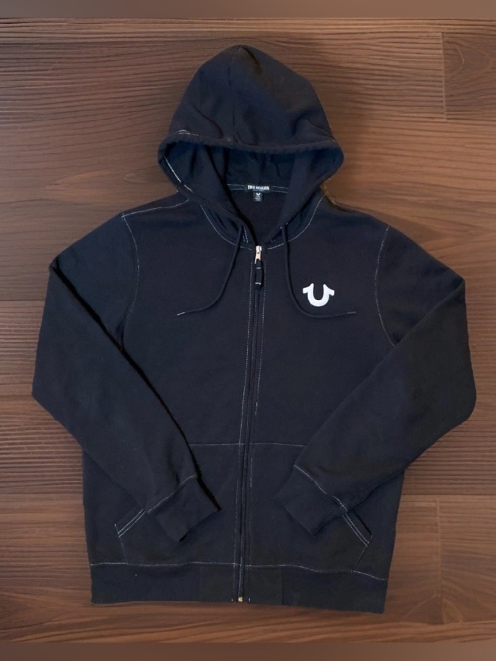 True Religion Budda Logo Seal Full Zip Hoodie Black Stretch Size Large